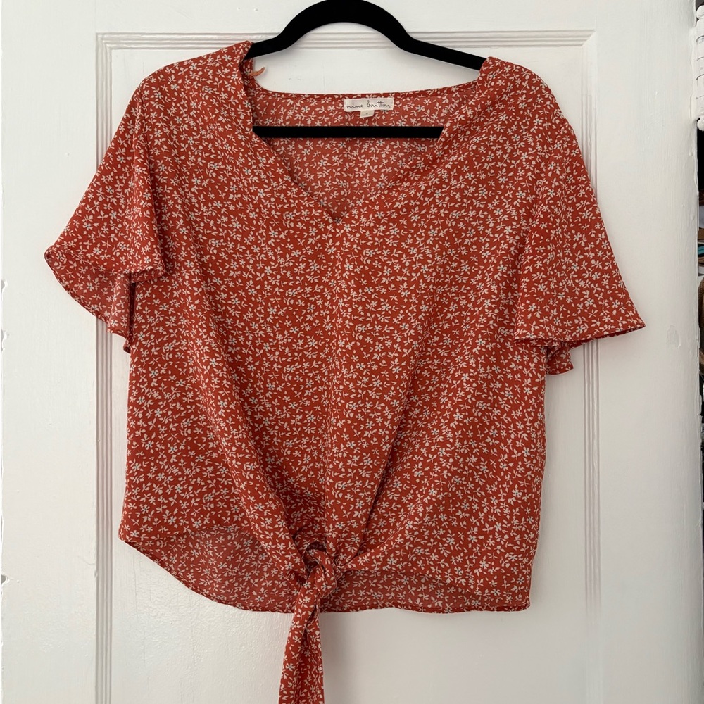 Nine Britton Red Floral Tie-Front Top